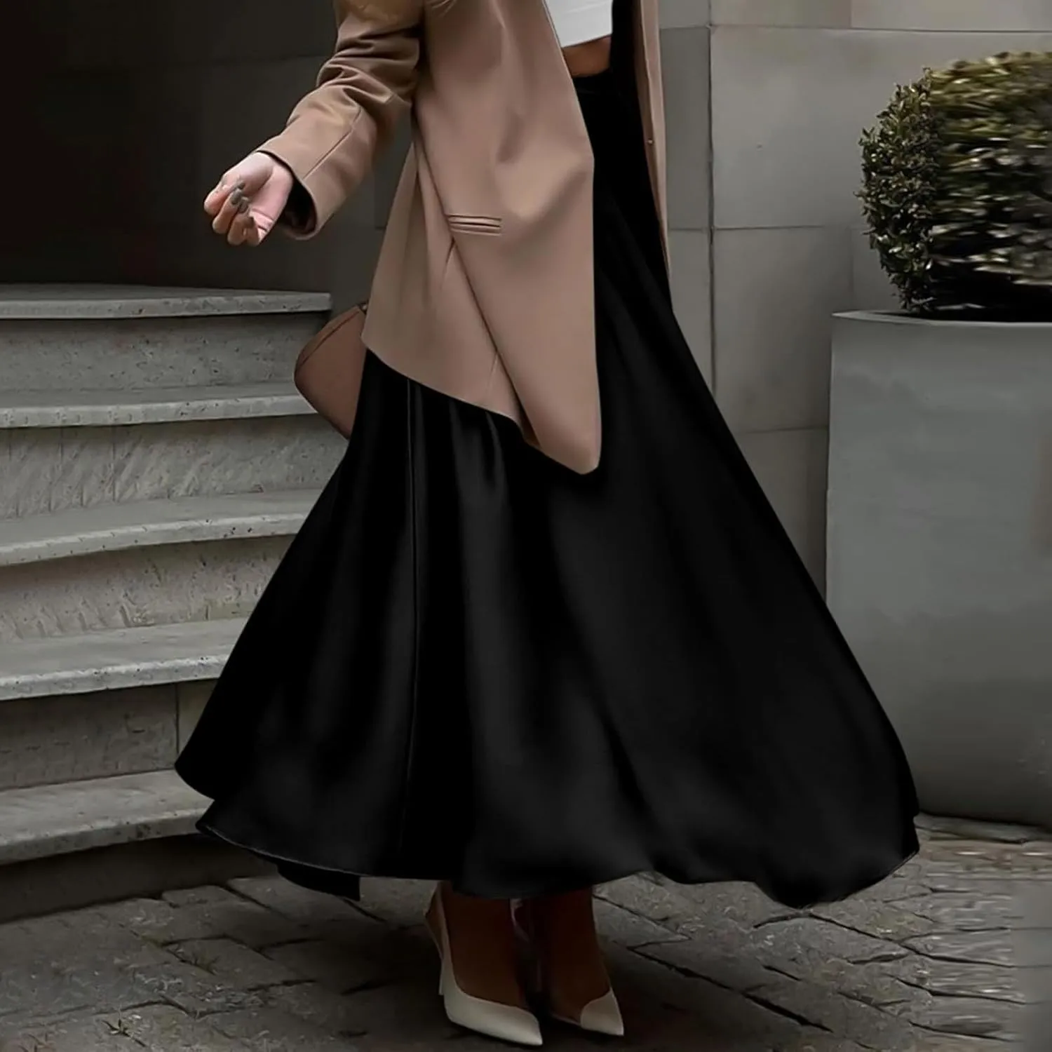 Womens Pleated Satin Maxi Skirt Solid Color High Waisted A Line Office Work Casual Elegant Flowy Fashion Skirts