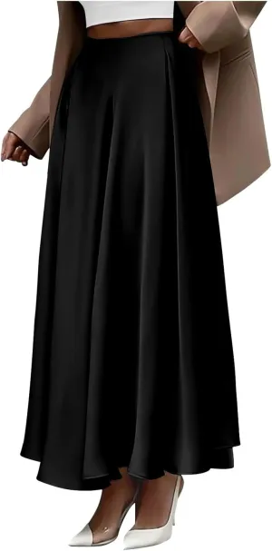 Womens Pleated Satin Maxi Skirt Solid Color High Waisted A Line Office Work Casual Elegant Flowy Fashion Skirts