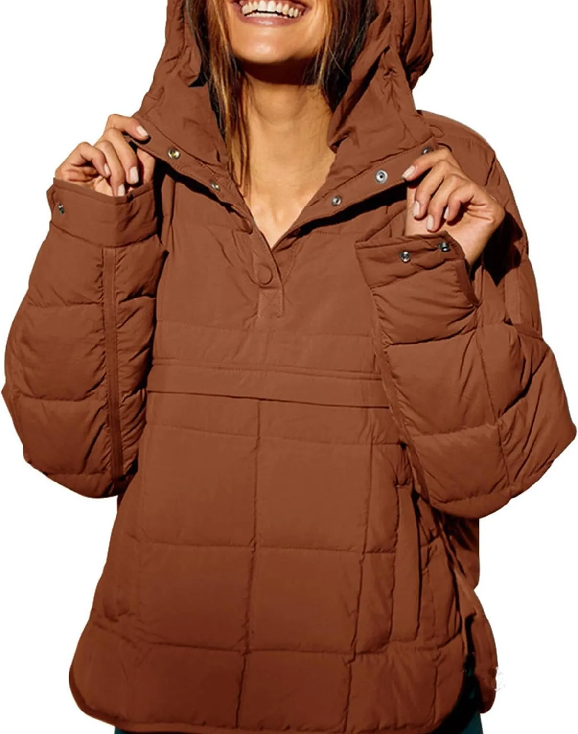 Women's Quilted Pullover Puffer Jacket, Womens Oversized Hooded Puffer, Lightweight Quilted Jackets (Brown,L)