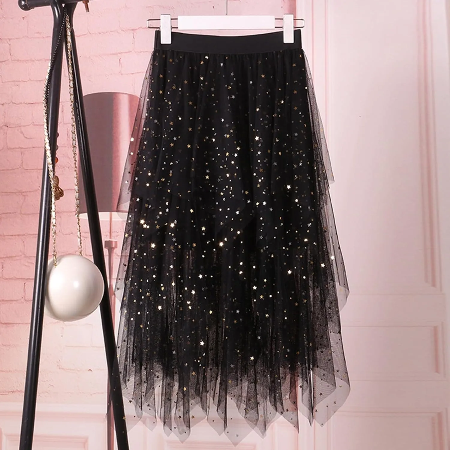 Womens Skirts Midi Elastic High Waist Pleated Mesh Flowy A-Line Fairy Elastic Party Long Tutu Skirts