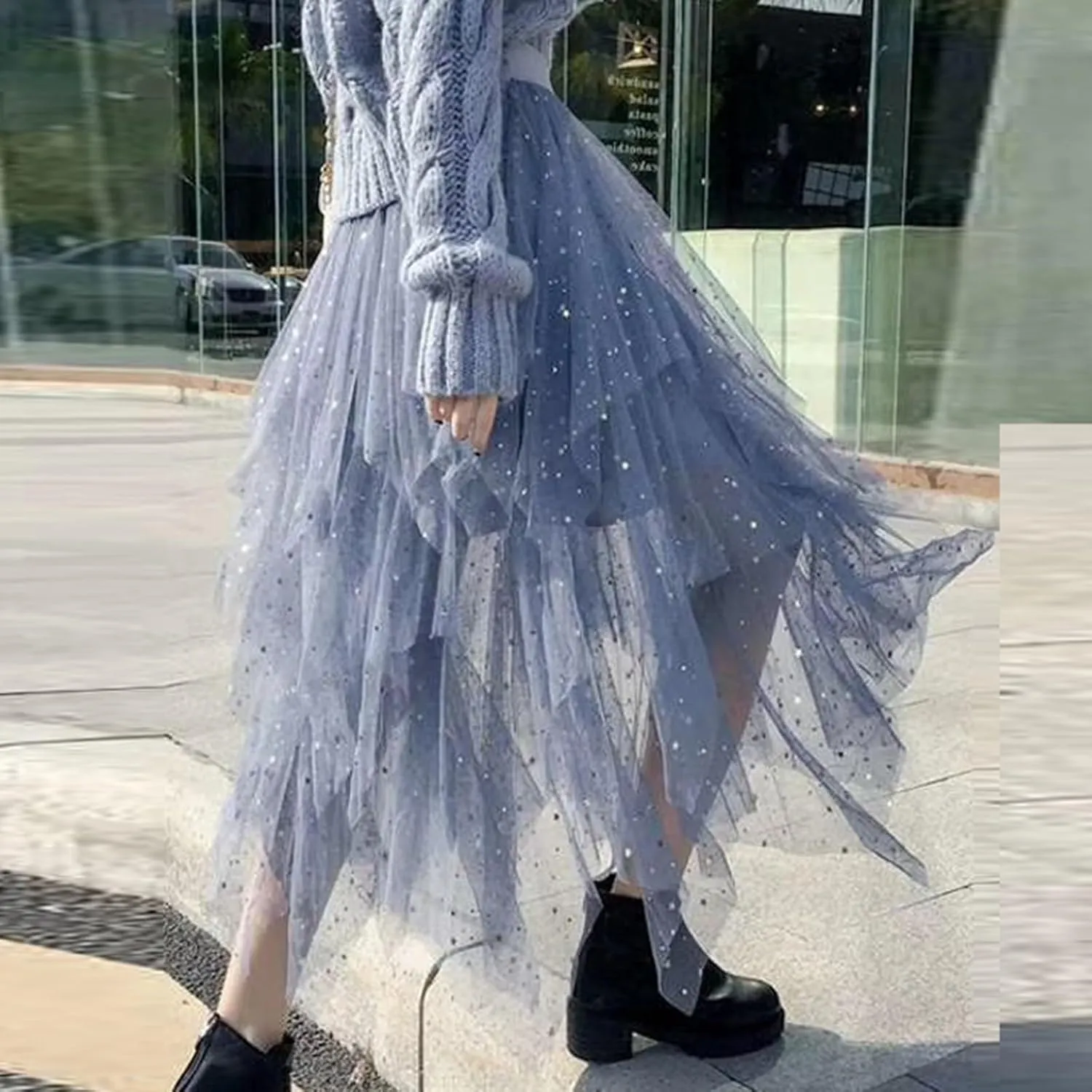 Womens Skirts Midi Elastic High Waist Pleated Mesh Flowy A-Line Fairy Elastic Party Long Tutu Skirts