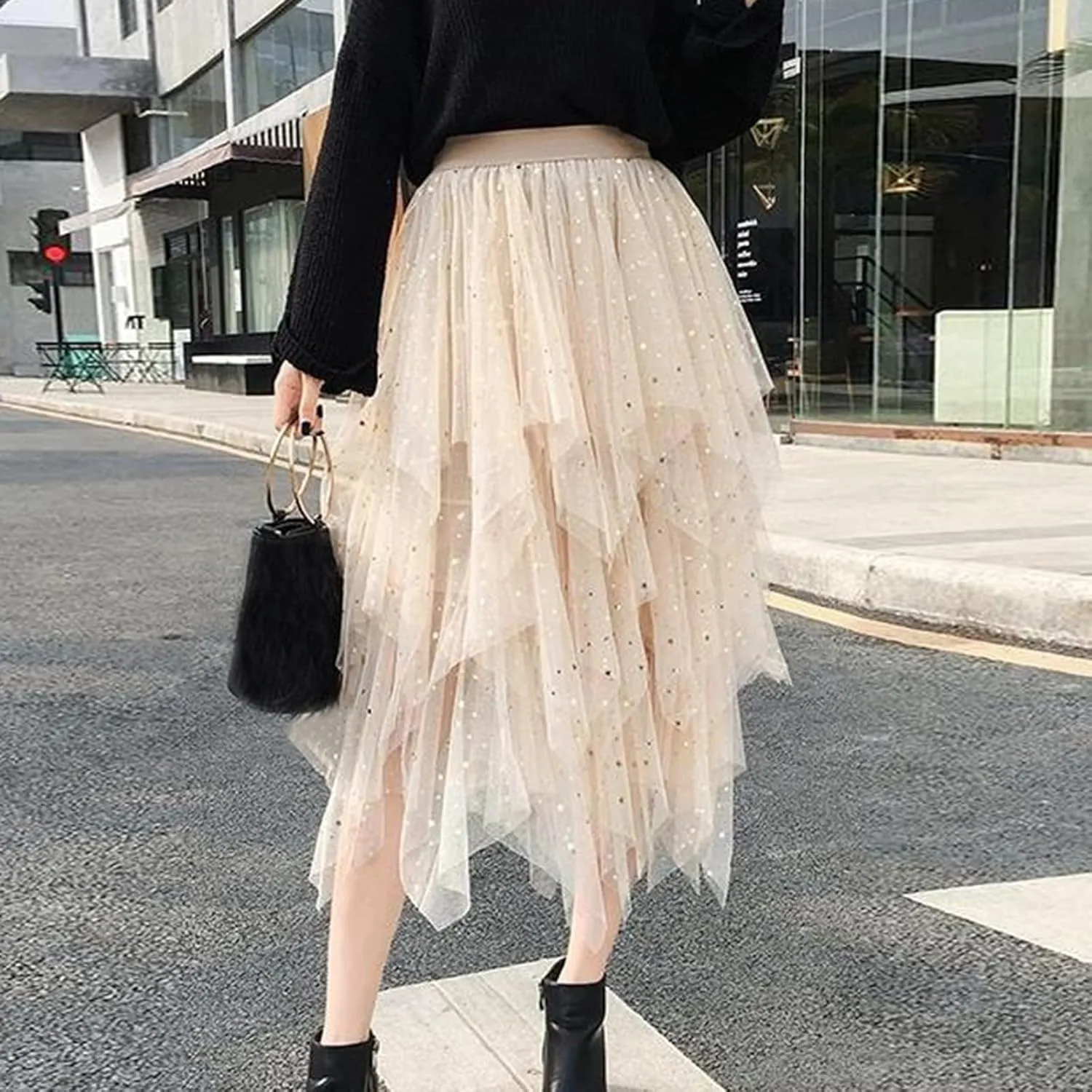 Womens Skirts Midi Elastic High Waist Pleated Mesh Flowy A-Line Fairy Elastic Party Long Tutu Skirts