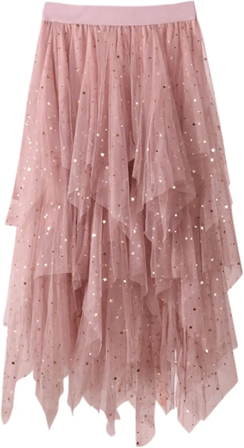 Womens Skirts Midi Elastic High Waist Pleated Mesh Flowy A-Line Fairy Elastic Party Long Tutu Skirts
