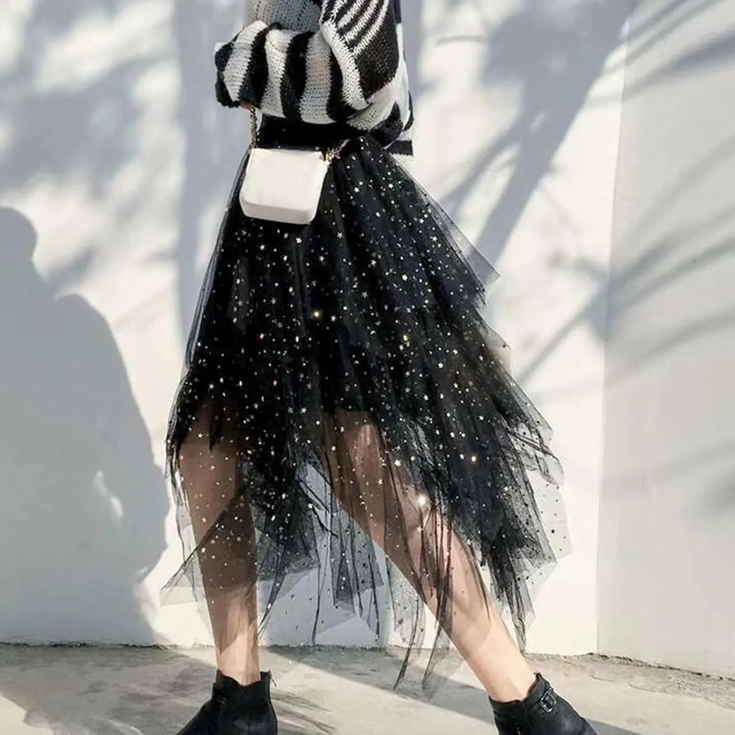 Womens Skirts Midi Elastic High Waist Pleated Mesh Flowy A-Line Fairy Elastic Party Long Tutu Skirts
