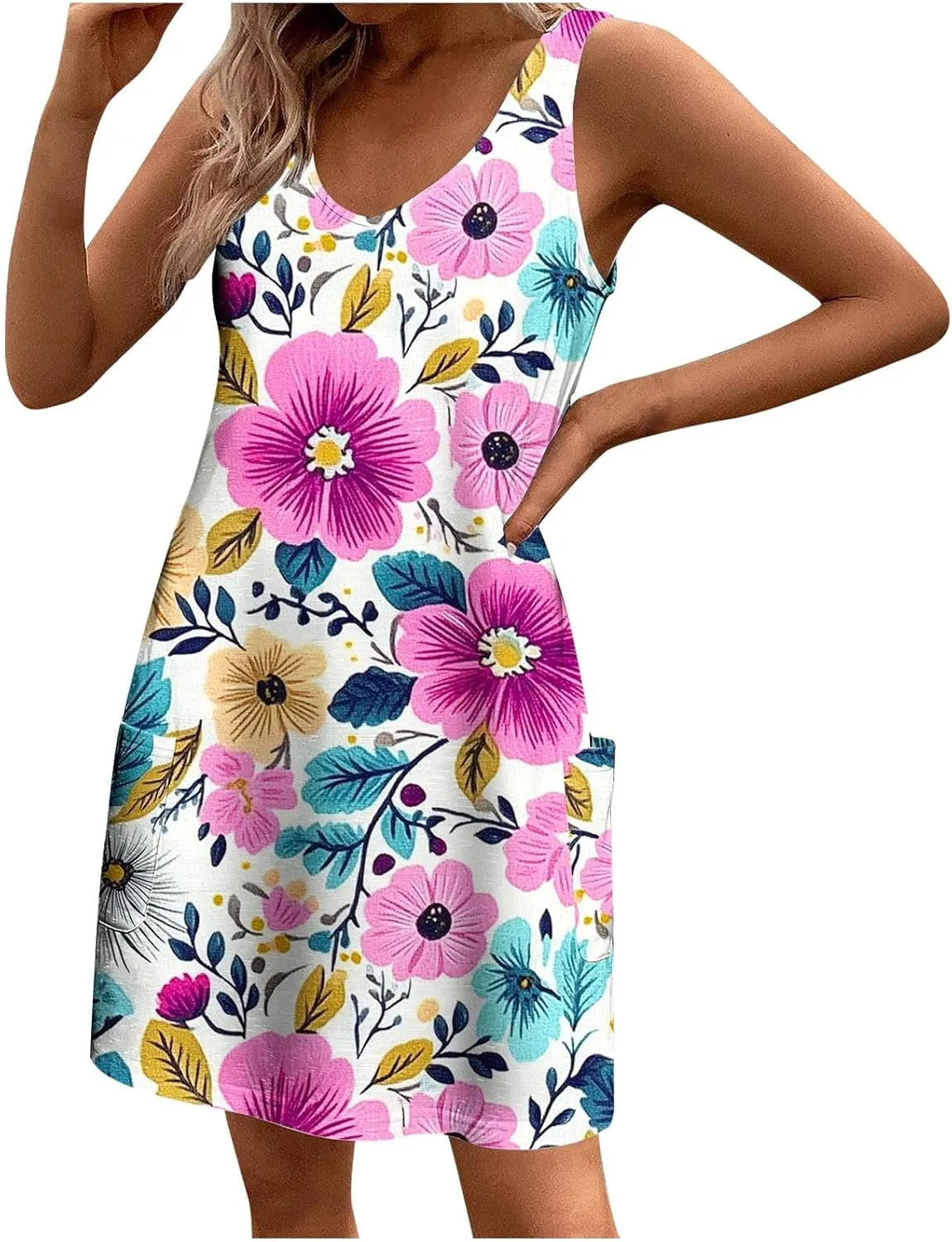 Womens Sleeveless Floral Sundress Summer Casual Mini Dress with Pockets Lightweight A Line Dress for Travel Picnic