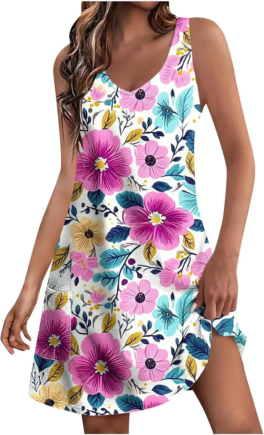 Womens Sleeveless Floral Sundress Summer Casual Mini Dress with Pockets Lightweight A Line Dress for Travel Picnic