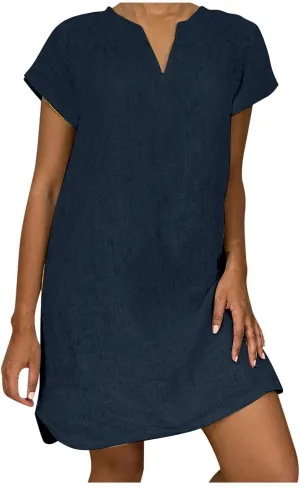Womens Summer Cotton Linen Dresses Casual V Neck Short Sleeve Midi Dress Floral Embroidery Shirt Dress Plus Size S-5X Deals of The Day 2024 Vacation Sun Dresses Women, Dark Blue R