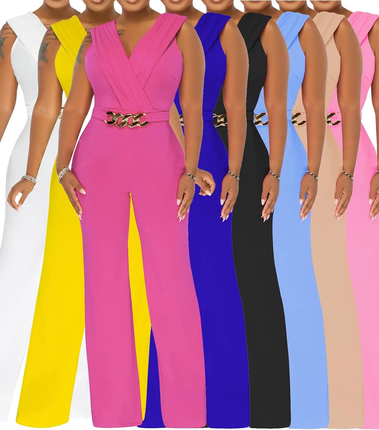 Women's Summer Formal Dressy Jumpsuits Elegant V Neck Sleeveless Party Rompers Stretchy Wrap Wide Leg Long Pants Clubwear