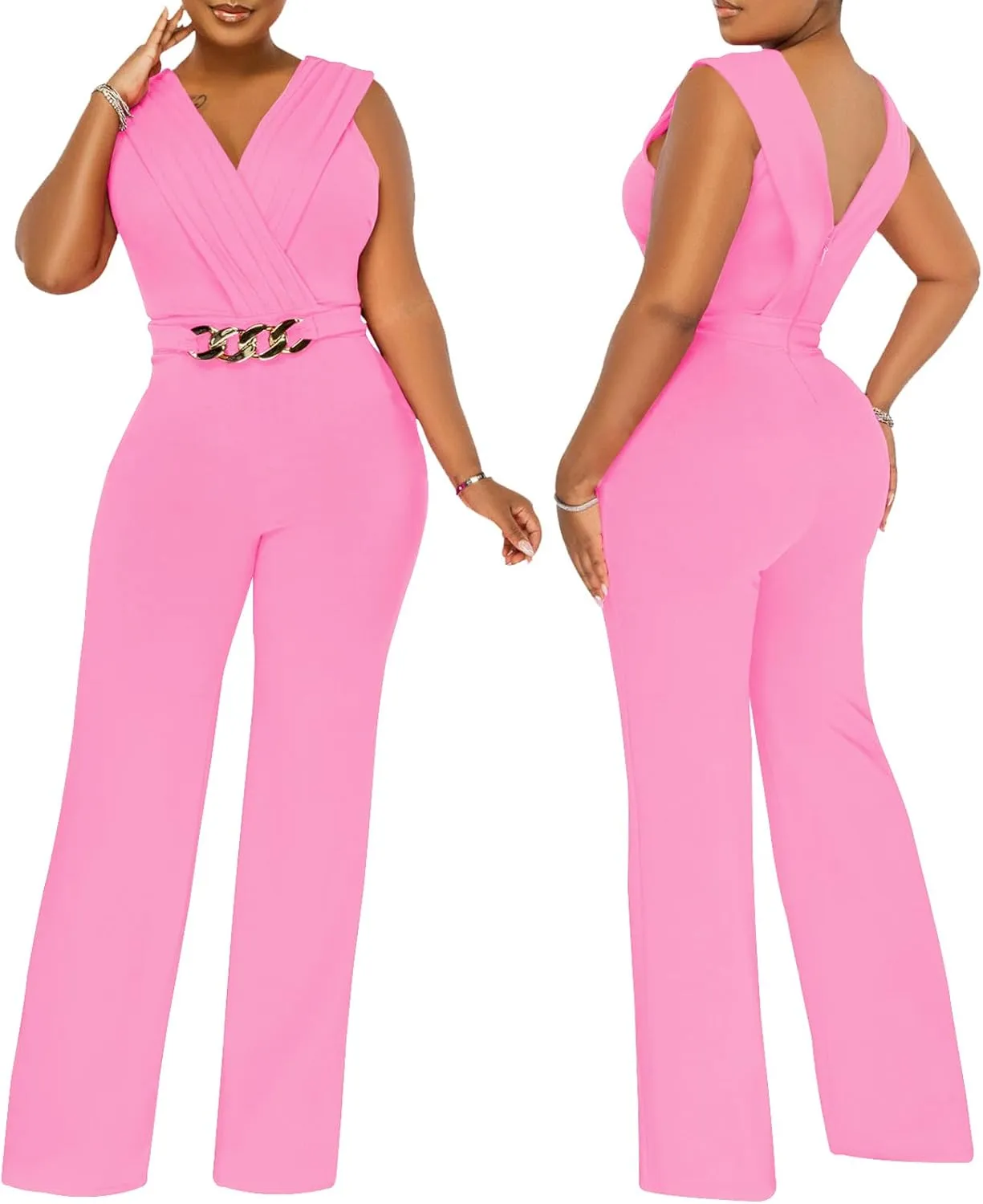 Women's Summer Formal Dressy Jumpsuits Elegant V Neck Sleeveless Party Rompers Stretchy Wrap Wide Leg Long Pants Clubwear