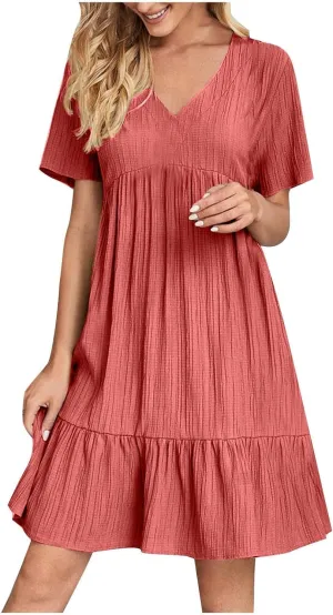 Womens Summer Pleated Ruffle Flowy Beach Sundresses, Dresses for Women 2025 Vacation Short Sleeve V Neck Mini T Shirt Dress