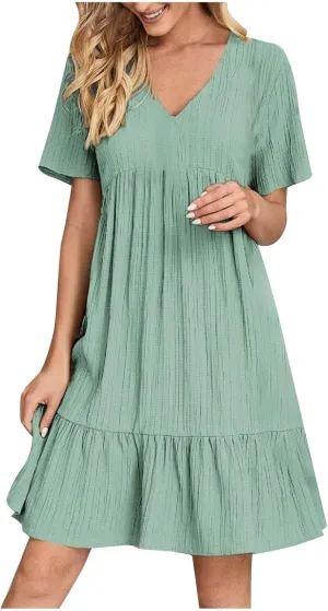 Womens Summer Pleated Ruffle Flowy Beach Sundresses, Dresses for Women 2025 Vacation Short Sleeve V Neck Mini T Shirt Dress
