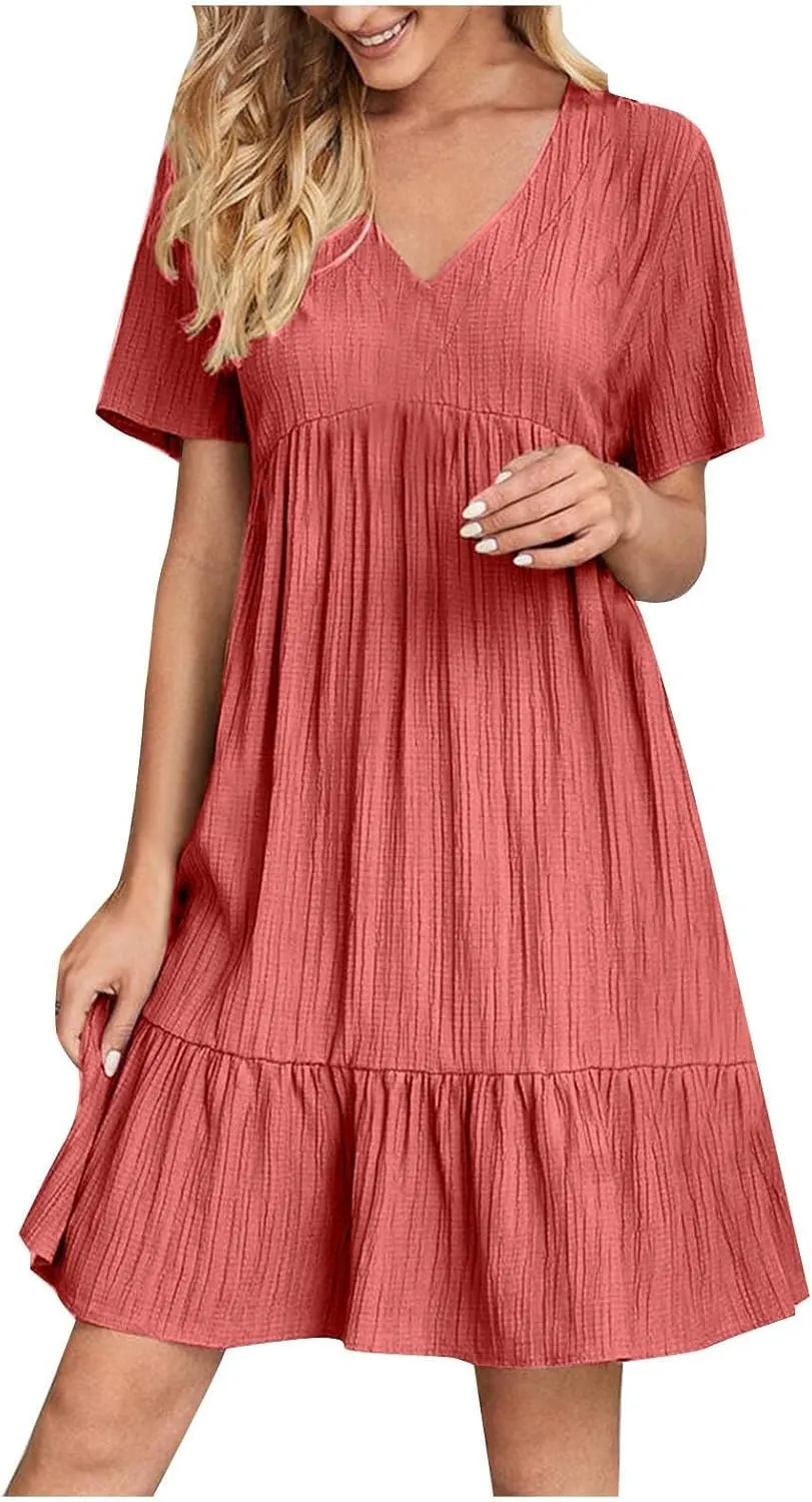 Womens Summer Pleated Ruffle Flowy Beach Sundresses, Dresses for Women 2025 Vacation Short Sleeve V Neck Mini T Shirt Dress