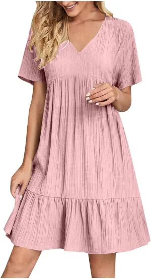Womens Summer Pleated Ruffle Flowy Beach Sundresses, Dresses for Women 2025 Vacation Short Sleeve V Neck Mini T Shirt Dress