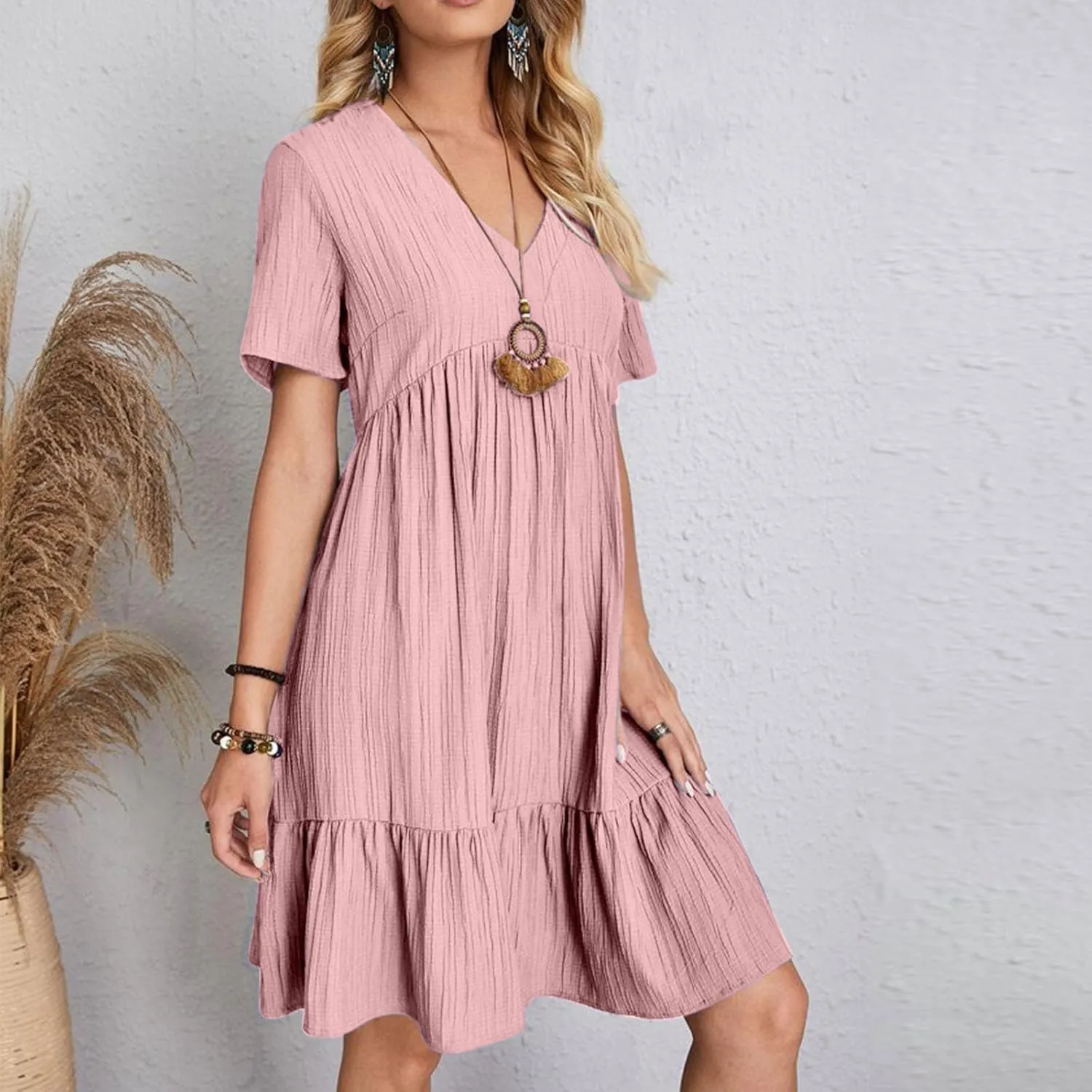 Womens Summer Pleated Ruffle Flowy Beach Sundresses, Dresses for Women 2025 Vacation Short Sleeve V Neck Mini T Shirt Dress