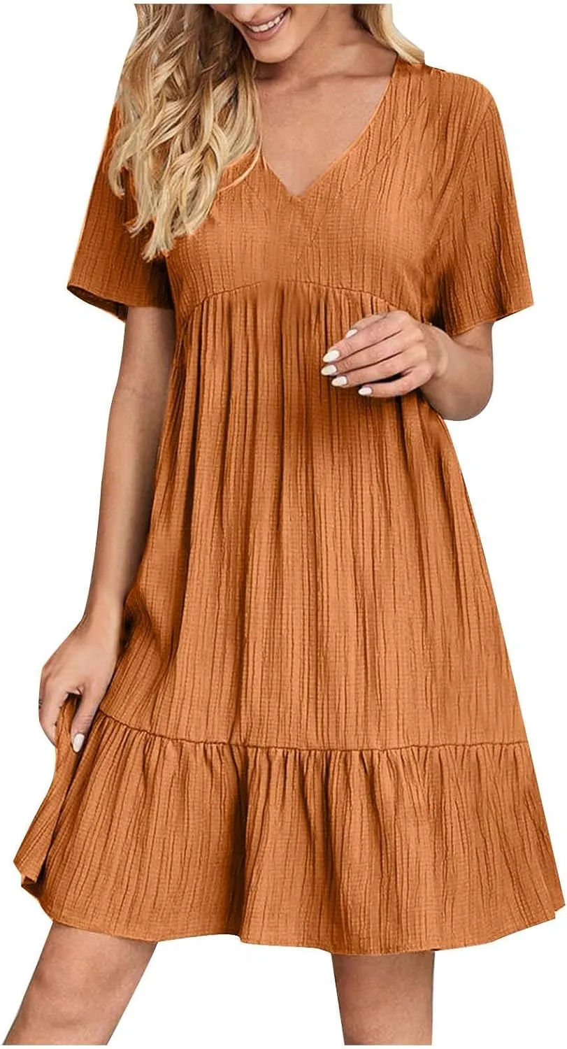 Womens Summer Pleated Ruffle Flowy Beach Sundresses, Dresses for Women 2025 Vacation Short Sleeve V Neck Mini T Shirt Dress