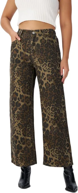Women's Wide Leg Cuffed Jeans High Waisted Stretchy Casual Comfort Fit Denim Pants
