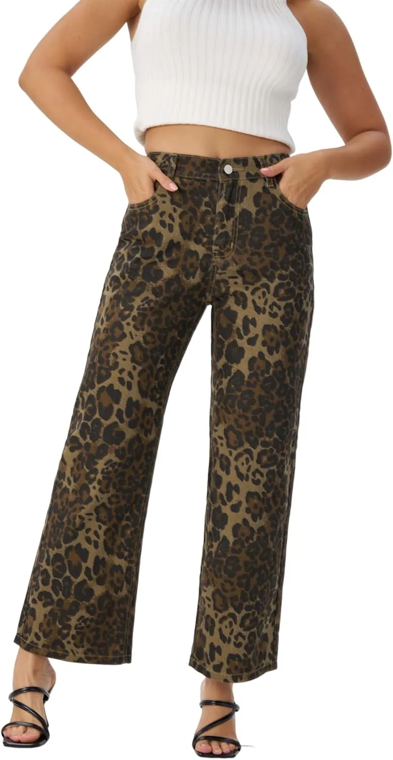 Women's Wide Leg Cuffed Jeans High Waisted Stretchy Casual Comfort Fit Denim Pants