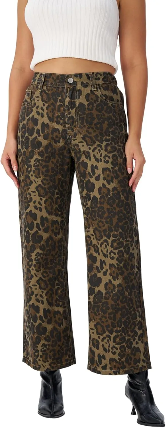 Women's Wide Leg Cuffed Jeans High Waisted Stretchy Casual Comfort Fit Denim Pants