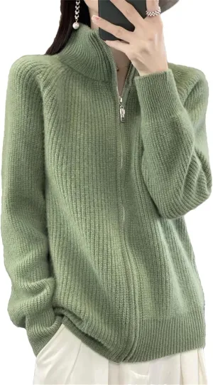 Women's Winter Merino Wool Knitting Sweater Turtleneck Zipper Cardigan Casual Loose Top Thickening Jacket
