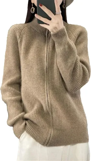 Women's Winter Merino Wool Knitting Sweater Turtleneck Zipper Cardigan Casual Loose Top Thickening Jacket