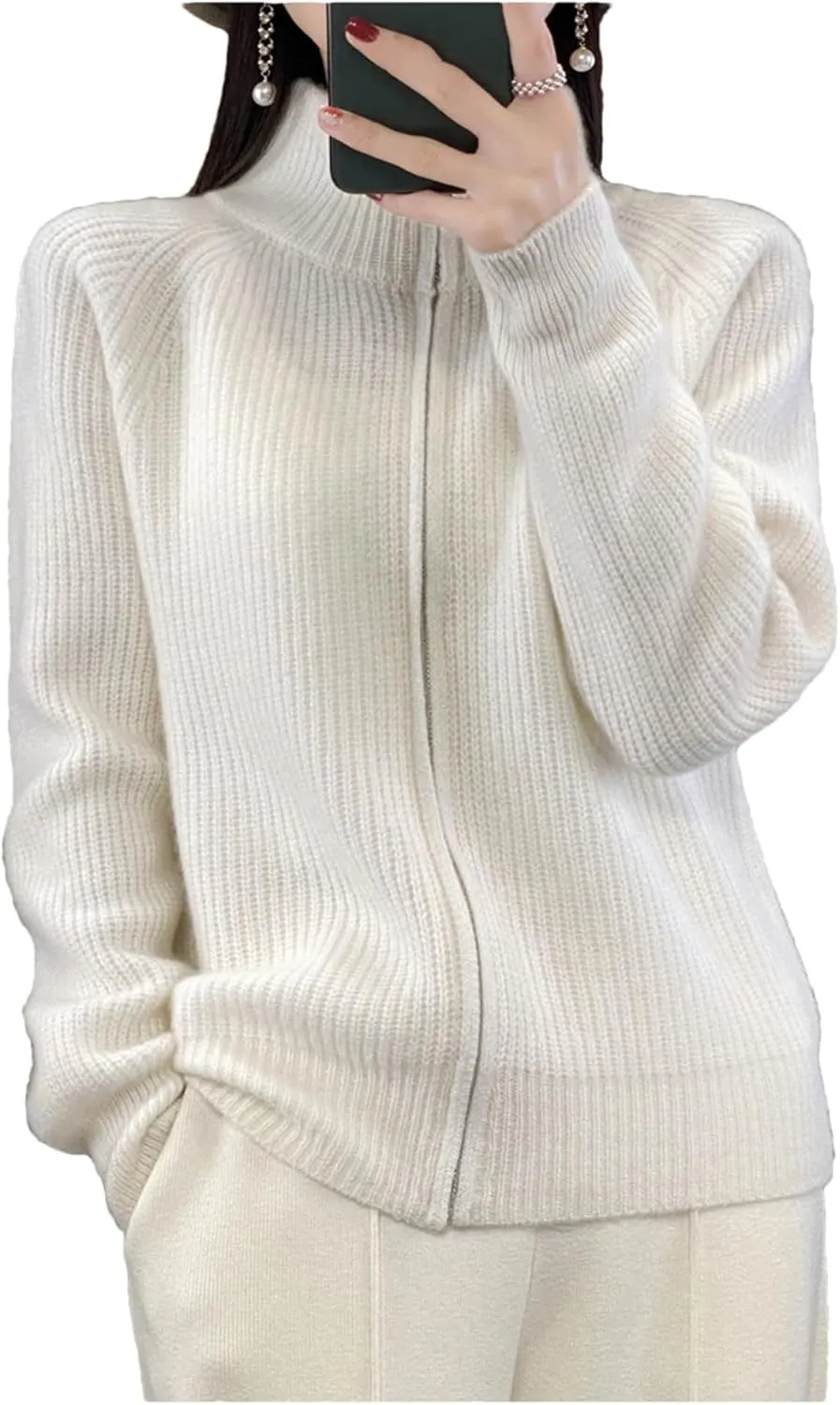 Women's Winter Merino Wool Knitting Sweater Turtleneck Zipper Cardigan Casual Loose Top Thickening Jacket