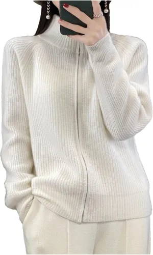 Women's Winter Merino Wool Knitting Sweater Turtleneck Zipper Cardigan Casual Loose Top Thickening Jacket