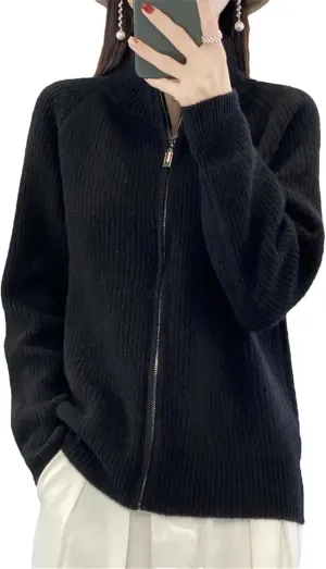 Women's Winter Merino Wool Knitting Sweater Turtleneck Zipper Cardigan Casual Loose Top Thickening Jacket