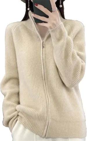Women's Winter Merino Wool Knitting Sweater Turtleneck Zipper Cardigan Casual Loose Top Thickening Jacket
