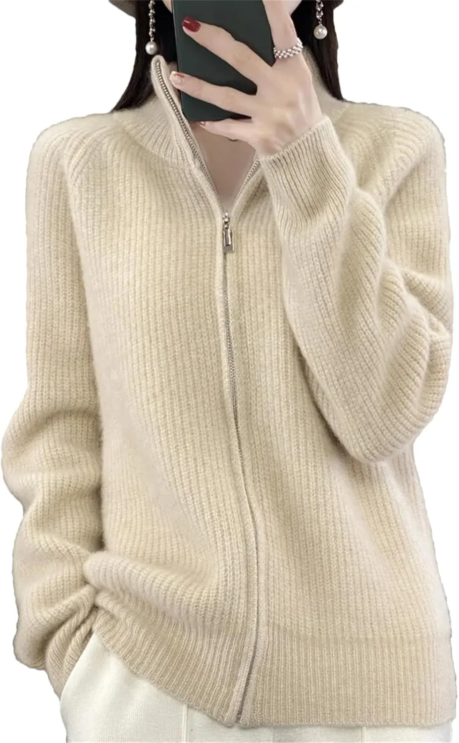 Women's Winter Merino Wool Knitting Sweater Turtleneck Zipper Cardigan Casual Loose Top Thickening Jacket