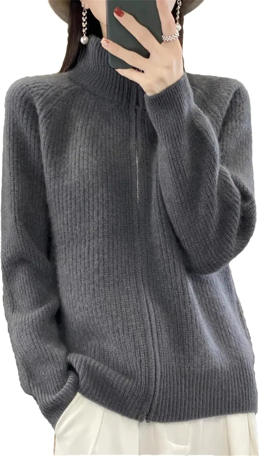 Women's Winter Merino Wool Knitting Sweater Turtleneck Zipper Cardigan Casual Loose Top Thickening Jacket