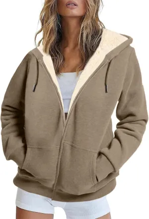 Womens Zip Up Hoodies Oversized Sweatshirts Warm Fleece Sherpa Lined Fashion Outfits Sweaters Casual Jackets