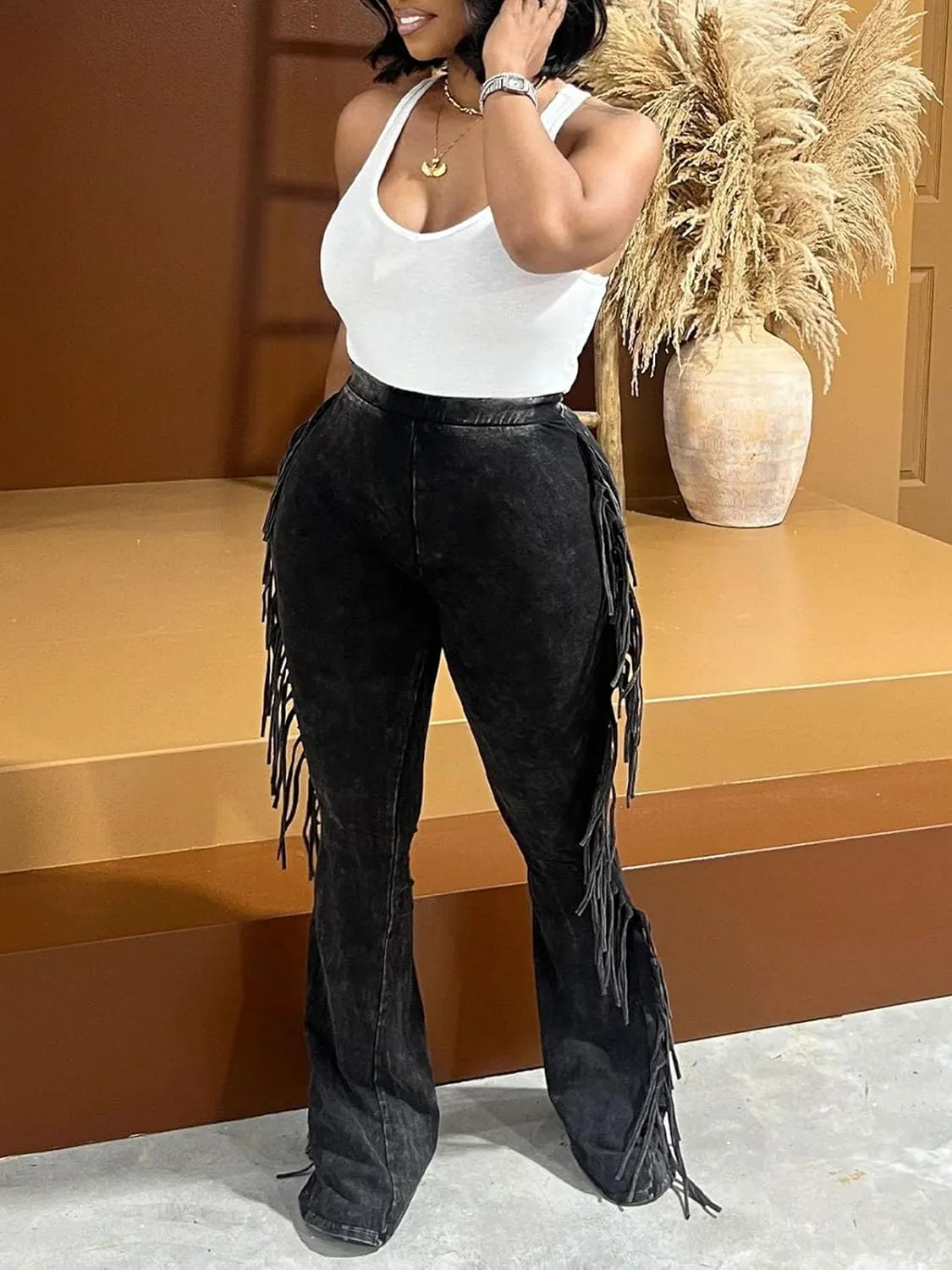 XZLUFNY Flare Leggings for Women High Waisted Bootcut Tassel Pants Fringe Trouser