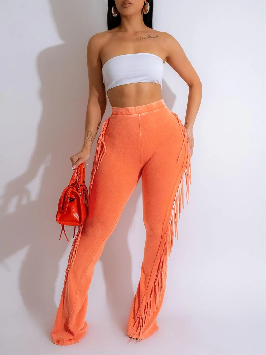 XZLUFNY Flare Leggings for Women High Waisted Bootcut Tassel Pants Fringe Trouser