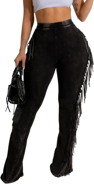 XZLUFNY Flare Leggings for Women High Waisted Bootcut Tassel Pants Fringe Trouser
