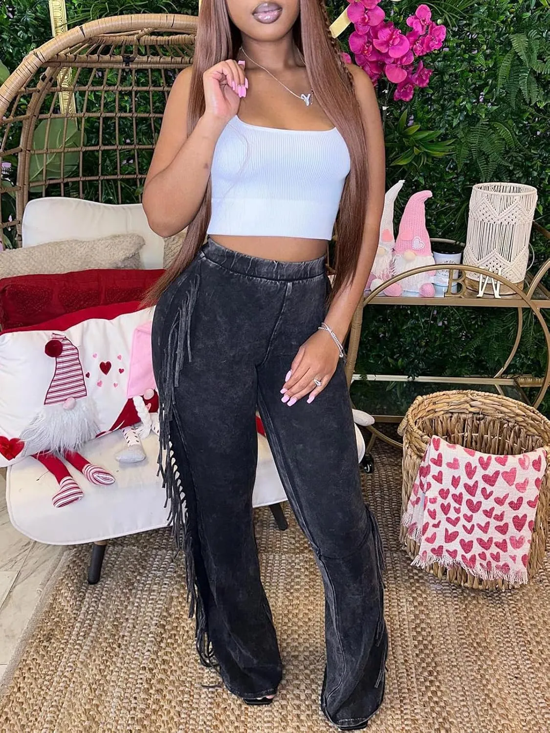 XZLUFNY Flare Leggings for Women High Waisted Bootcut Tassel Pants Fringe Trouser