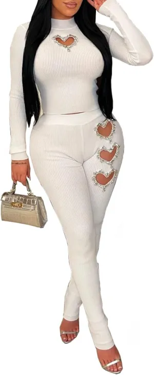 XZLUFNY Women's 2 Piece Outfits Love Heart Hot Diamond Hollow Ribbed Top Skinny Pencil Pant Set Tracksuits