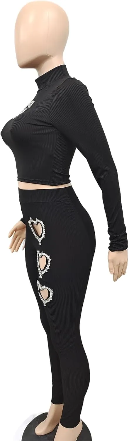 XZLUFNY Women's 2 Piece Outfits Love Heart Hot Diamond Hollow Ribbed Top Skinny Pencil Pant Set Tracksuits