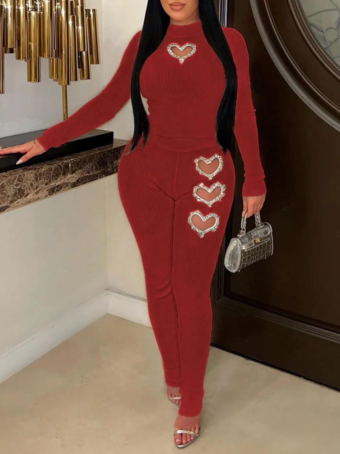 XZLUFNY Women's 2 Piece Outfits Love Heart Hot Diamond Hollow Ribbed Top Skinny Pencil Pant Set Tracksuits