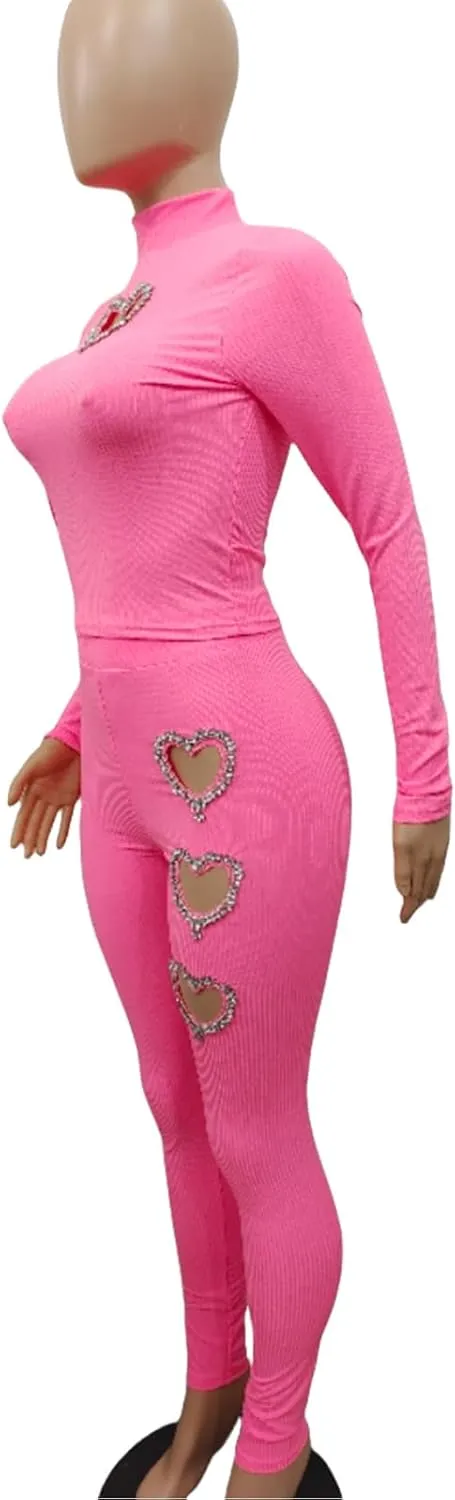 XZLUFNY Women's 2 Piece Outfits Love Heart Hot Diamond Hollow Ribbed Top Skinny Pencil Pant Set Tracksuits