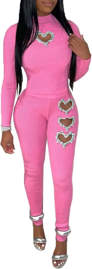 XZLUFNY Women's 2 Piece Outfits Love Heart Hot Diamond Hollow Ribbed Top Skinny Pencil Pant Set Tracksuits