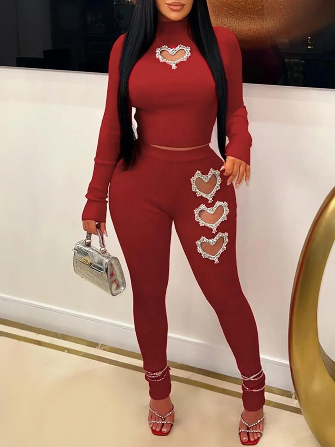XZLUFNY Women's 2 Piece Outfits Love Heart Hot Diamond Hollow Ribbed Top Skinny Pencil Pant Set Tracksuits
