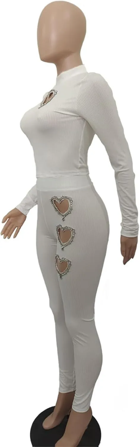 XZLUFNY Women's 2 Piece Outfits Love Heart Hot Diamond Hollow Ribbed Top Skinny Pencil Pant Set Tracksuits