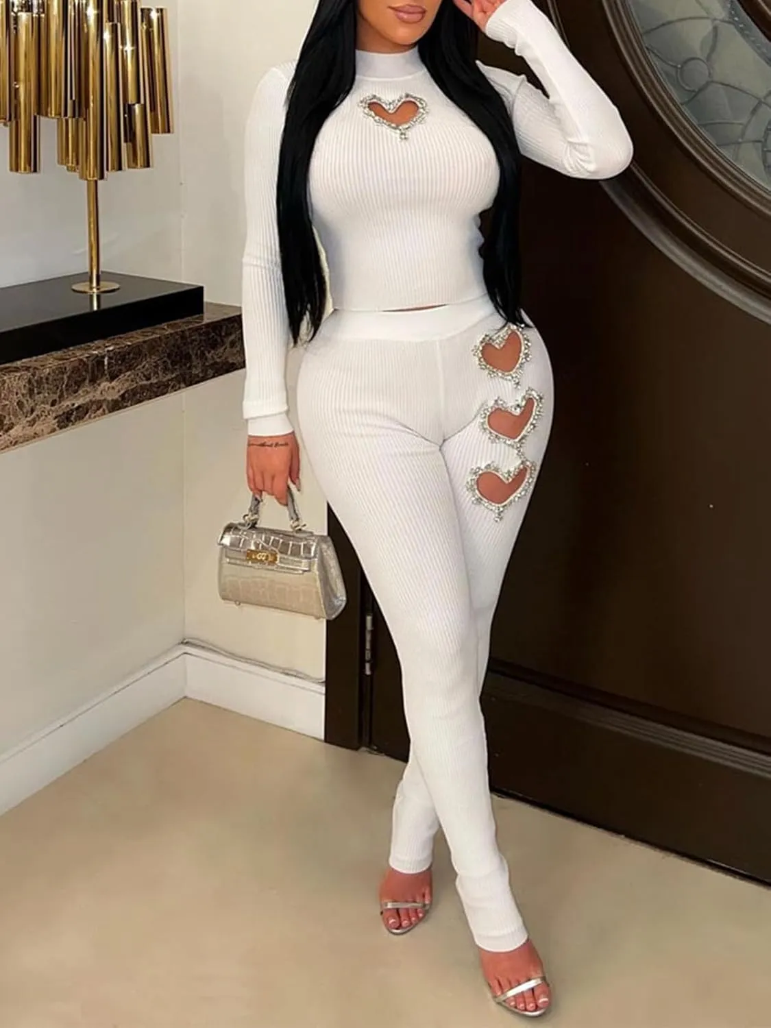XZLUFNY Women's 2 Piece Outfits Love Heart Hot Diamond Hollow Ribbed Top Skinny Pencil Pant Set Tracksuits