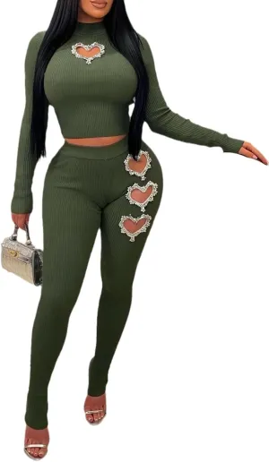 XZLUFNY Women's 2 Piece Outfits Love Heart Hot Diamond Hollow Ribbed Top Skinny Pencil Pant Set Tracksuits