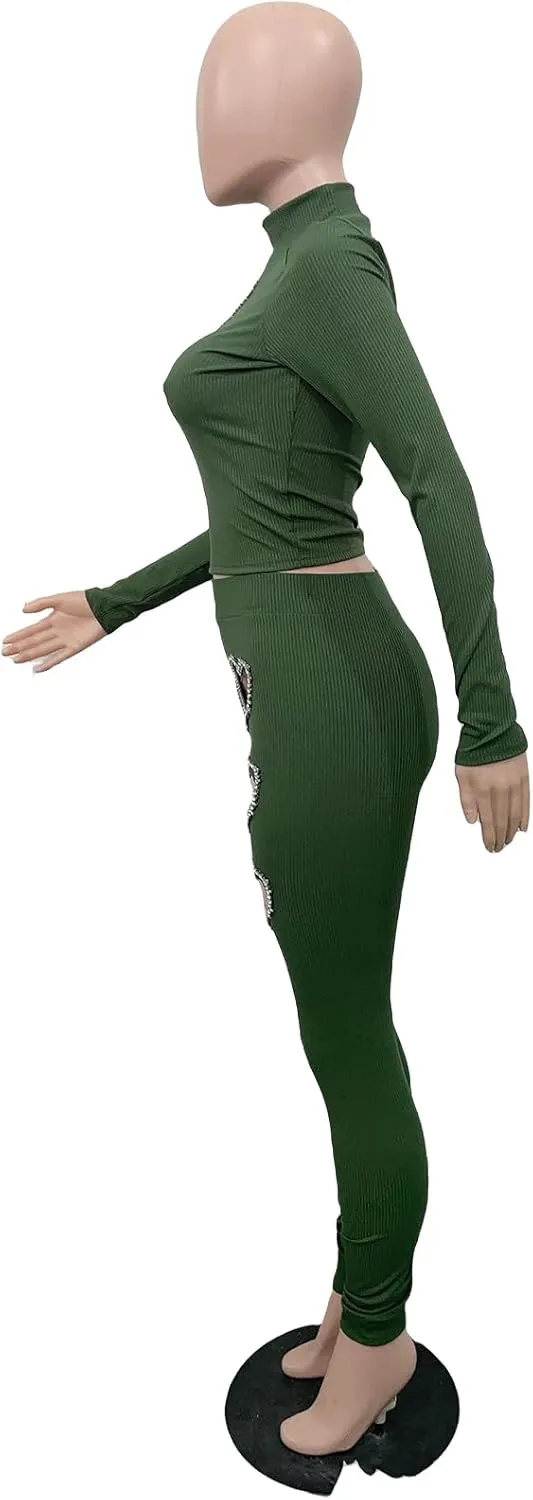 XZLUFNY Women's 2 Piece Outfits Love Heart Hot Diamond Hollow Ribbed Top Skinny Pencil Pant Set Tracksuits