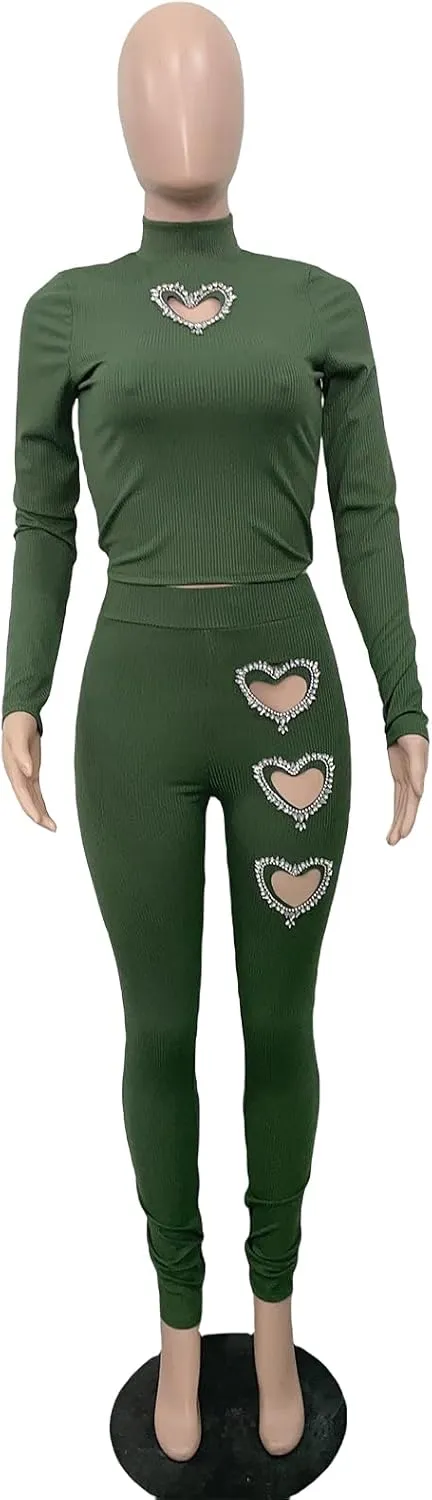 XZLUFNY Women's 2 Piece Outfits Love Heart Hot Diamond Hollow Ribbed Top Skinny Pencil Pant Set Tracksuits