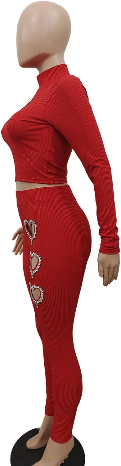 XZLUFNY Women's 2 Piece Outfits Love Heart Hot Diamond Hollow Ribbed Top Skinny Pencil Pant Set Tracksuits