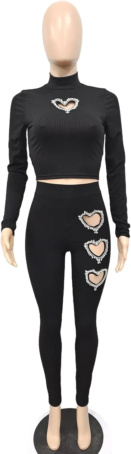 XZLUFNY Women's 2 Piece Outfits Love Heart Hot Diamond Hollow Ribbed Top Skinny Pencil Pant Set Tracksuits