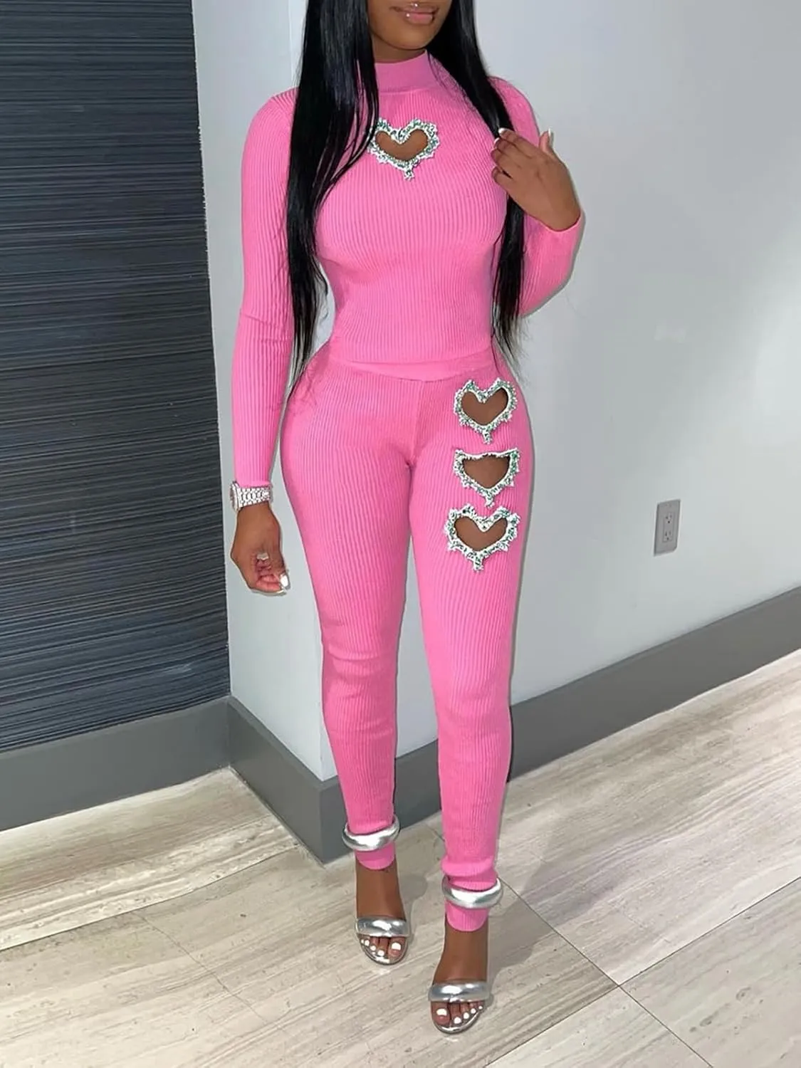 XZLUFNY Women's 2 Piece Outfits Love Heart Hot Diamond Hollow Ribbed Top Skinny Pencil Pant Set Tracksuits