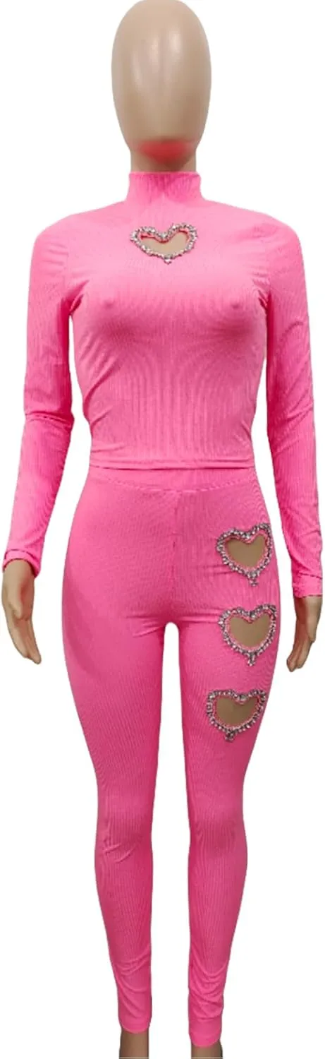 XZLUFNY Women's 2 Piece Outfits Love Heart Hot Diamond Hollow Ribbed Top Skinny Pencil Pant Set Tracksuits